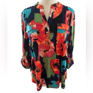 COCOMO XL Blue Red Green Floral 3/4 sleeve women’s Pintuck Blouse …